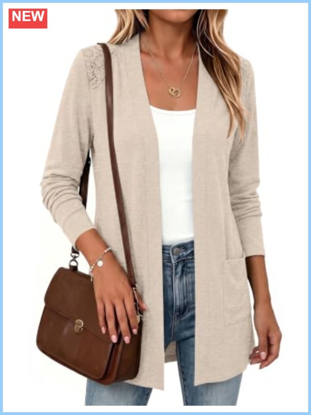 Rapbin Womens Lightweight Open Front Cardigan Long Sleeve Lace Shoulder Sweater